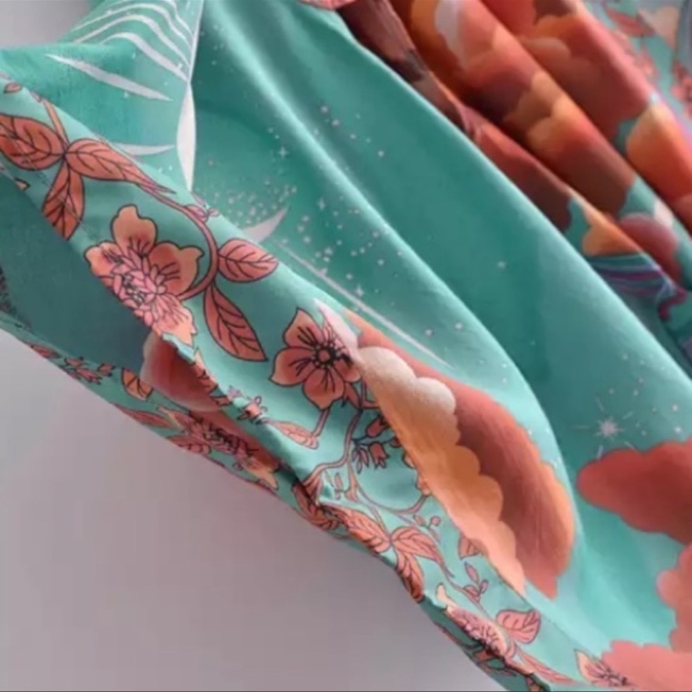 New Boho Open Front Kimono Top Floral Moon Print Beach Cover-Up Festival Jacket - Picture 5 of 13